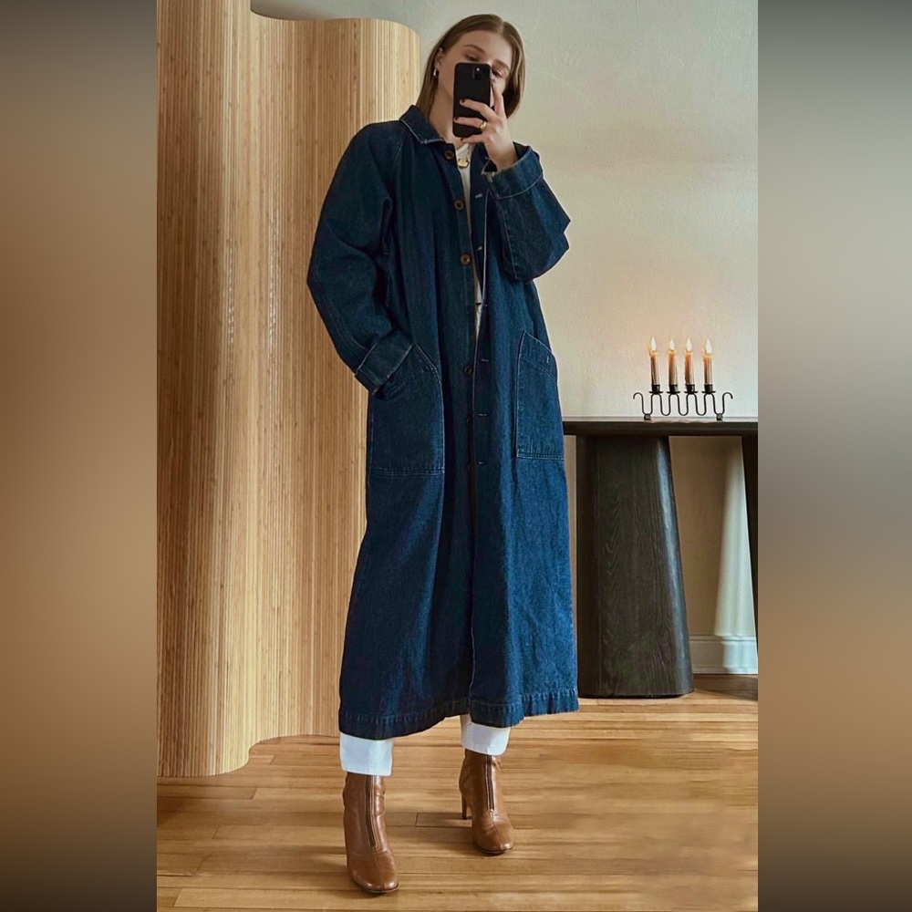 Vintage OshKosh long blue denim trench duster jacket oversized coat indigo